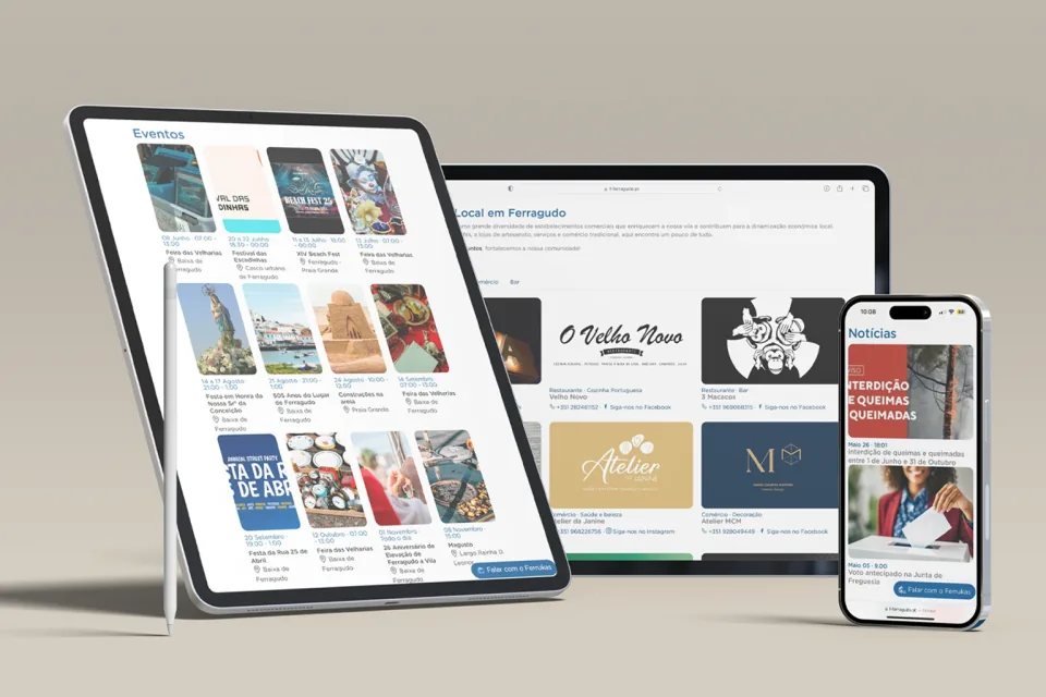 Agenda de eventos de Ferragudo num tablet, num portátil e num telemóvel.