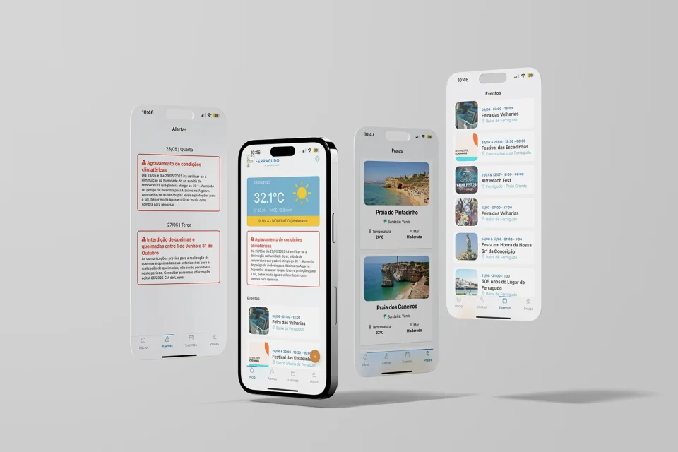Ecrãs da app de Ferragudo: alertas, meteorologia, praias e eventos.